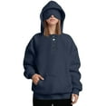 thumbnail image 6 of Trendy Hoodies for Women with Eye Mask 4-Button Plain Pullover Baggy Hooded Sweatshirt Pocket Travel Outfits, Navy|Mask L, 6 of 8