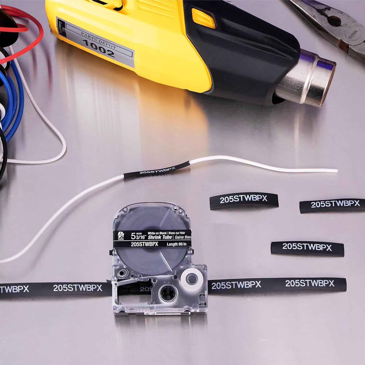 Epson LABELWORKS 205STWBPX - White on Black Shrink Tube Label Maker Tape - AWG 8-12, 3/16" (5MM) Wide, 96"
