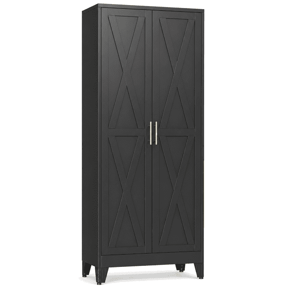 71" Tall Kitchen Pantry Cabinet, Black Metal Storage Cabinet with Doors and Adjustable Shelves, Freestanding Cupboard Organizer for Kitchen, Garage, Laundry Room and Home, Black