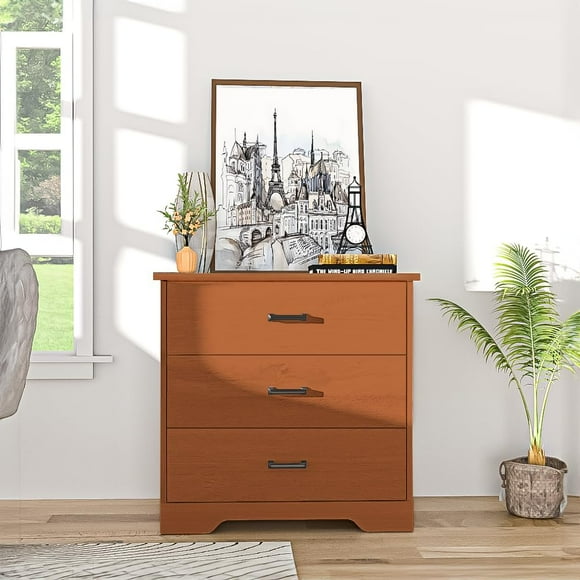 QRInnovations 3-Drawer Farmhouse Wooden Dresser Set for Bedroom, Living Room, Nursery | Modern Nightstand Clothes Dresserm- Brown