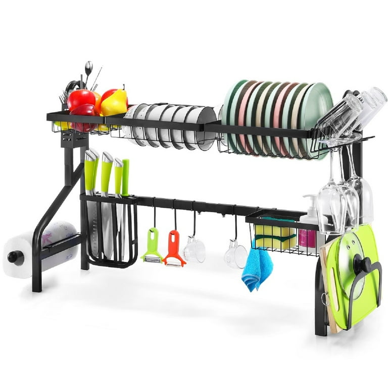 Auledio 2-Tier Dish Storage Rack with Dish Drainer Dryer Rack for Kitchen  Counter Top (Black) 