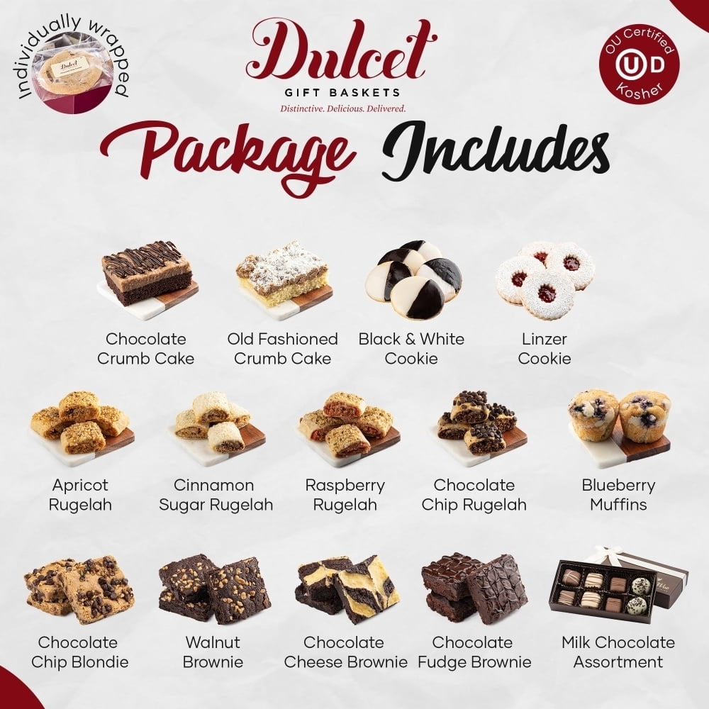 Dulcet Gift Baskets Joy Gift Box Including Brownies, Rugelach, Muffins, & Chocolates