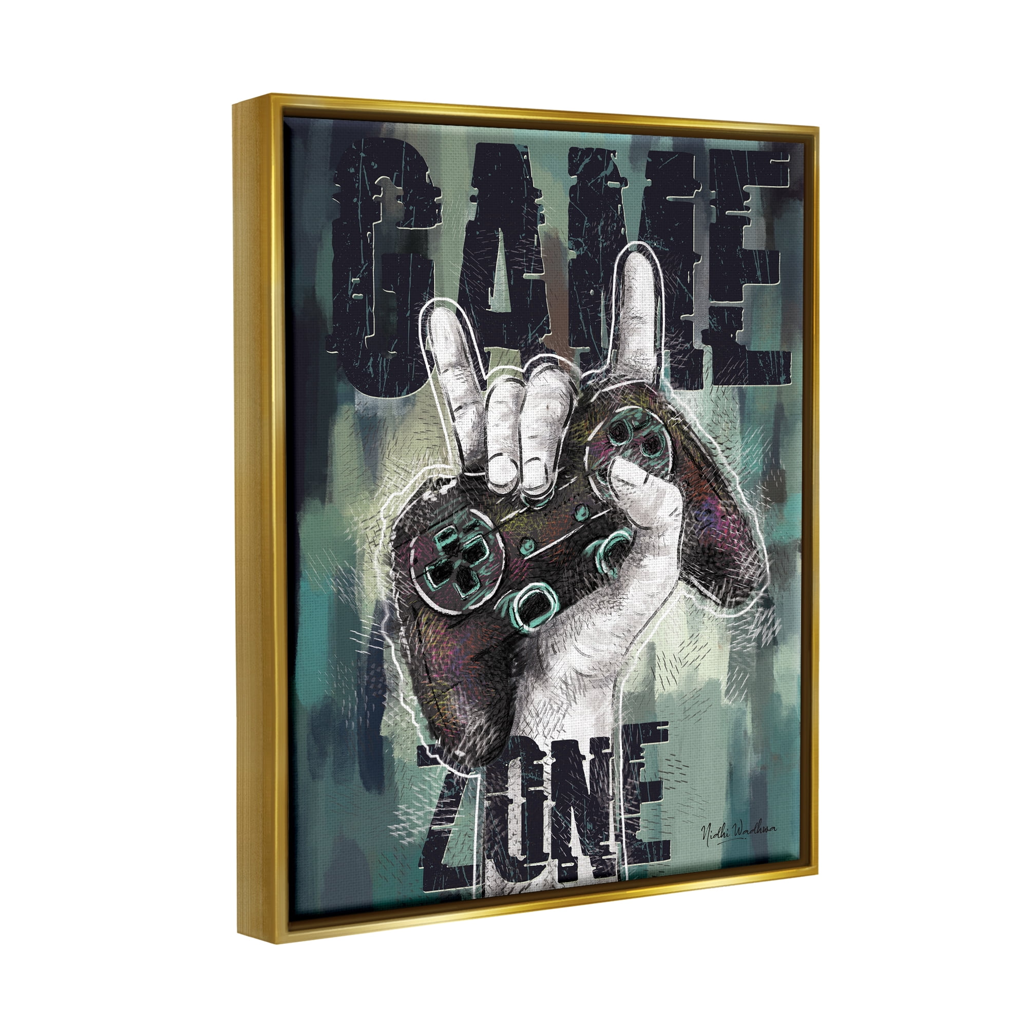 Stupell Industries Game Zone Controller Typography Painting Gold Floater Framed Canvas Art Print Wall Art, 25 x 31