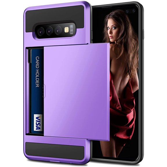 for Galaxy S10 Plus Case Wallet Card Holder ID Slot Sliding Hidden Pocket Anti-Scratch Dual Layer Protective Hard Shell Rugged TPU Bumper Armor Cover for Samsung Galaxy S10 Plus Violet
