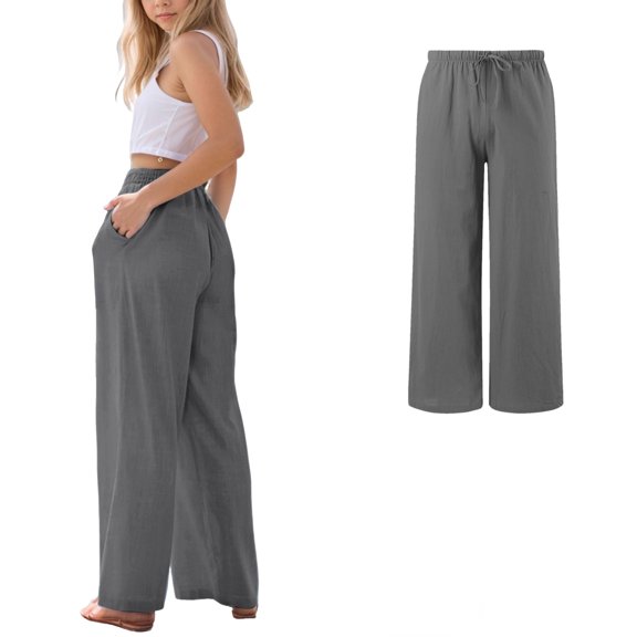 Girls Wide Leg Pants Kids Grey Linen High Waisted Loose Fit Flowy Boho Beach Vacation Lounge Trousers with Pockets 10-11 Years