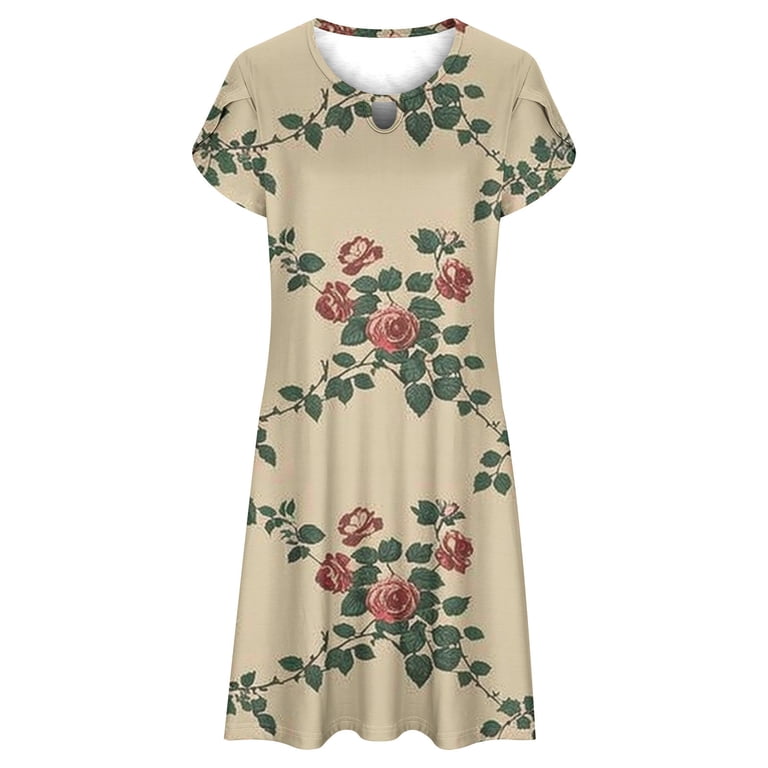 Viikei Dresses for Women Summer Casual Boho Dress,Flowy Chiffon Short Sleeve Dress,Women's Casual Loose Summer Printed Short Sleeved Dress Beige S,