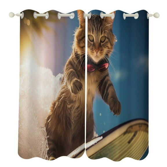 Blackout Curtains for Bedroom Surfing Cat Full Room Darkening Grommet Curtains for Living Room,Thermal Insulated Ombre Drapes