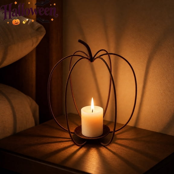 Qocolcyl Rustic Metal Wire Pumpkin Candle Holder, Open Frame Iron Candlestick, Halloween Decorations, Vintage Farmhouse Tabletop Centerpiece, Indoor Outdoor Fall Thanksgiving Holiday Mantel Decor