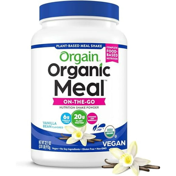 Orgain Organic Meal, Vegan Meal Replacement Protein Powder, Vanilla Bean - 20g Plant Based Protein, 6g Prebiotic Fiber, Fruits, Vegetables & Greens, Gluten Free, Shakes & Smoothies, 2.01lb