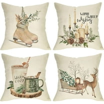 Warm Winter Wishes Decorative Throw Pillow Cover Set of 4, Reindeer Elk Skating Boots Let It Snow Decoration, Christmas Pine Tree Cones Candle Hot Cocoa Farmhouse Sofa Cushion Case Decor 18 x 18