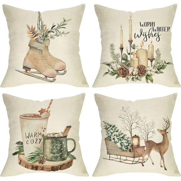 Warm Winter Wishes Decorative Throw Pillow Cover Set of 4, Reindeer Elk Skating Boots Let It Snow Decoration, Christmas Pine Tree Cones Candle Hot Cocoa Farmhouse Sofa Cushion Case Decor 18 x 18