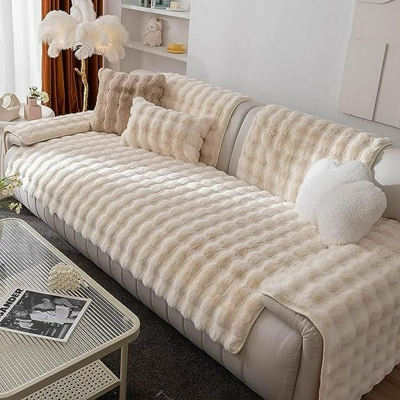 Namzi Luxury Thick Faux Fur Plush Couch Cover Ultra Soft Anti-Slip Sofa Cover Fluffy Furry Sofa Slipcover Washable Furniture Protector for Kids Dogs Cats Pet (Beige,28"x28")