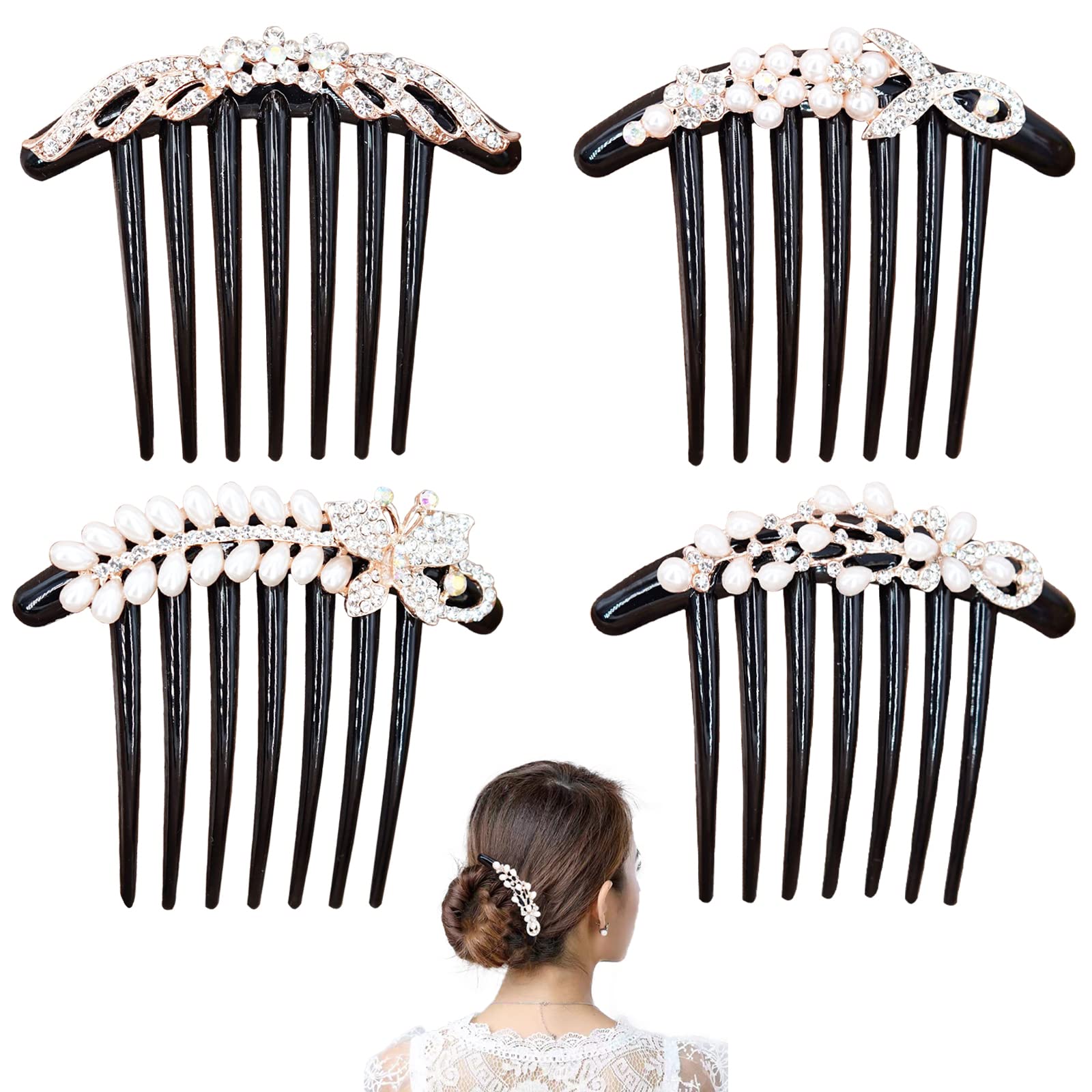 4 Pcs Pearls Hair Side Comb Womens Girls Rhinestones Flower Hair Combs