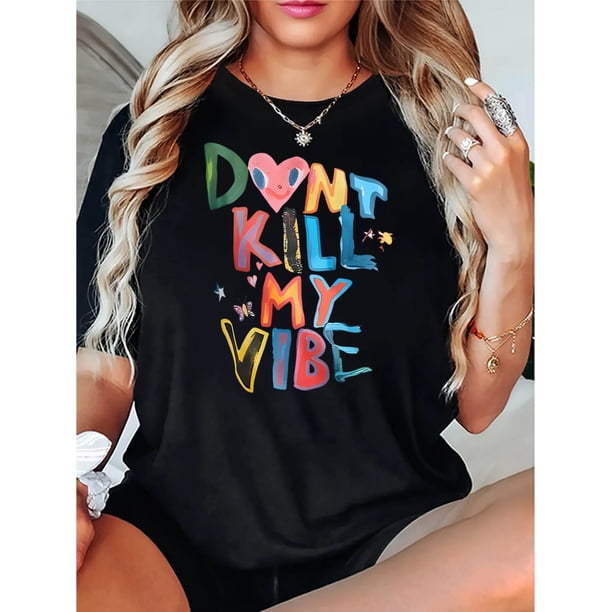 Creative English Colorful Atmosphere Pattern Printed Women'S Fashionable Round Neck Short Sleeve, Simple Casual Sports T-Shirt, Comfortable Summer Top for Women During Holidays.