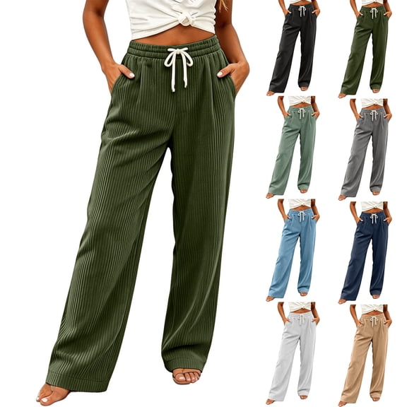 Women's Solid Corduroy Wide Leg Pants High Waist Drawstring Elastic Waist Comfy Casual Lounge Trousers with Pockets Gray XL