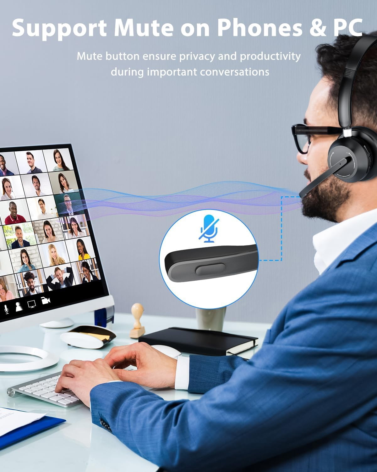 Bluetooth Wireless Headset with Microphone & USB Dongle, Noise Cancelling Headphones for PC/Mac, Zoom Teams Calls "