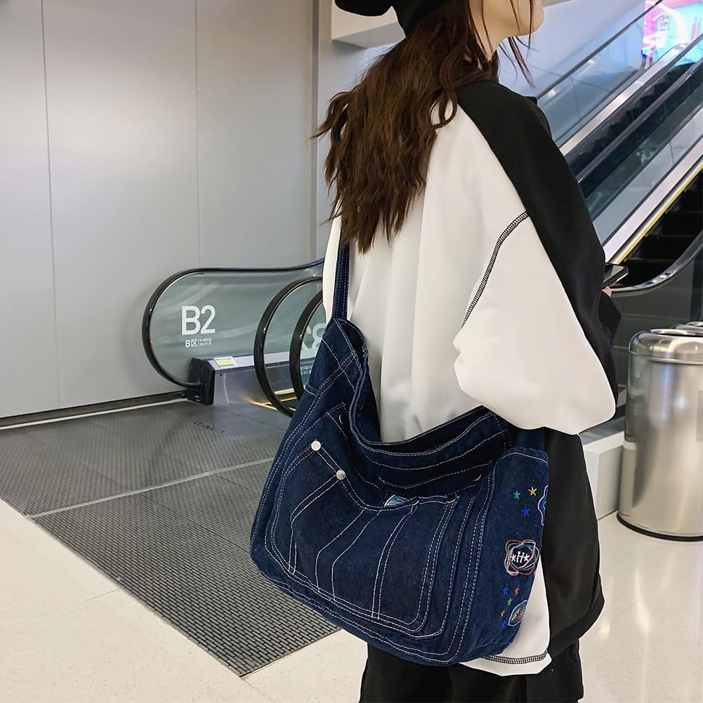 Denim Hobo Crossbody Bag for Women Large Shoulder Handbag Messenger Bag Retro Tote Bag for Casual Work Travel