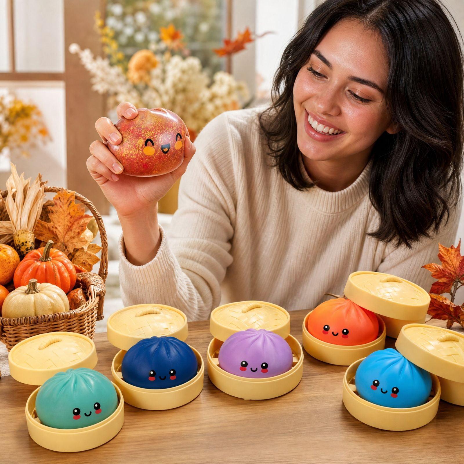 Pumpkin Scented Fall Mystery Dumplings Squishy Toy,Autumn Maple Pumpkin Spice Scented Stress Relief Squeeze Toy Set with Mini Steamer Basket
