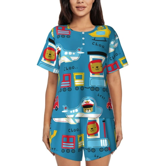Balery Transportations With Cute Animals Conjunto de Pijama para Mujer con Estampado, Dos Piezas de Manga Corta y Shorts, Ropa de Dormir Suave con Cuello Redondo y Bolsillos-Small