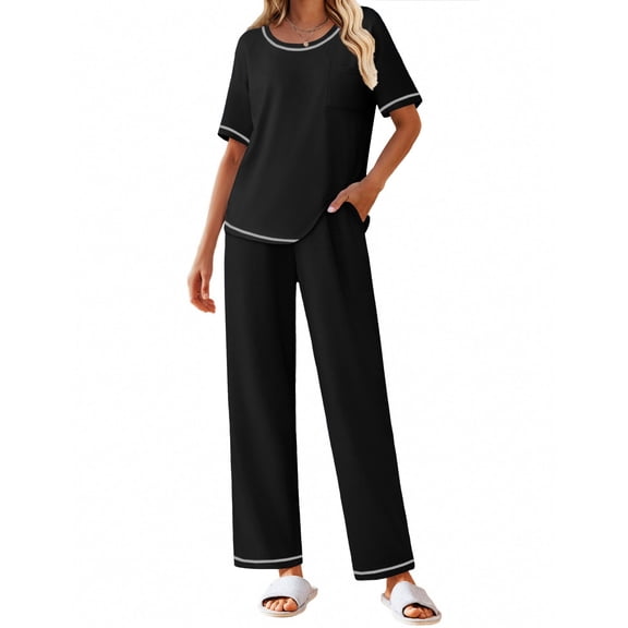 EKOUAER Cotton Pajamas Sets for Women Soft Contrast Piping Lounge Set 2 Piece Short Sleeve Pj Set with Pockets