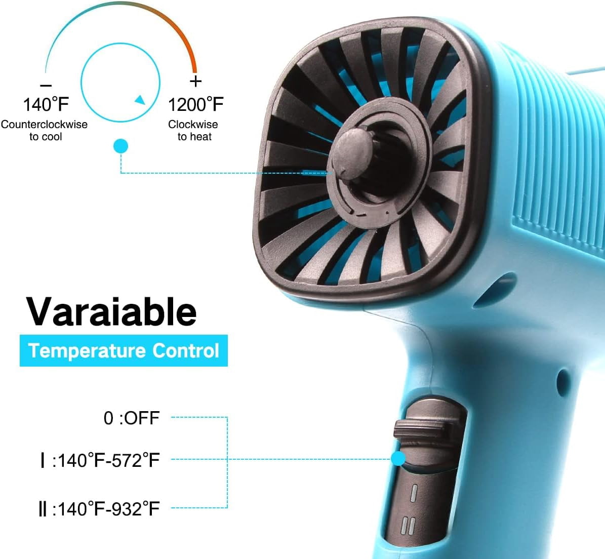 Heat Gun 1200W 140~932 (60-500) Heavy Duty Hot Air Gun Kit Variable Temperature Control with 2 Temperature Settings 2 Nozzles for Crafts, Shrink Wrapping, Candle Making, Epoxy Resin