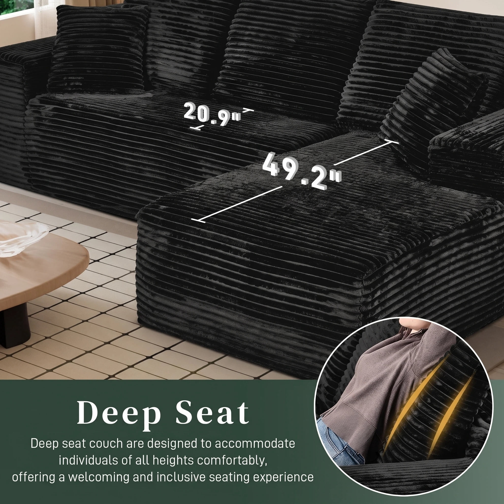 AISWORD 107.5" Corduroy Modular Sectional Sofa with Right Facing Chaise, Compressed Couch, Black