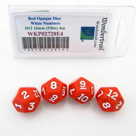 Red Opaque Dice with White Numbers D12 16mm (5/8in) Pack of 4 Wondertrail