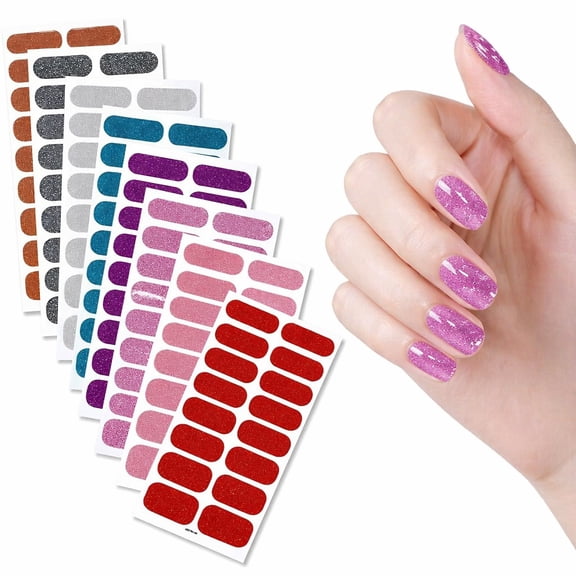 8 Sheets Solid Color Nail Wraps Stickers Glitter Shining Solid Pink Red Green Blue Silvery Self-Adhesive Nail Decals Nail Art Supplies for Women DIY Manicure Nail Art Decorations Set
