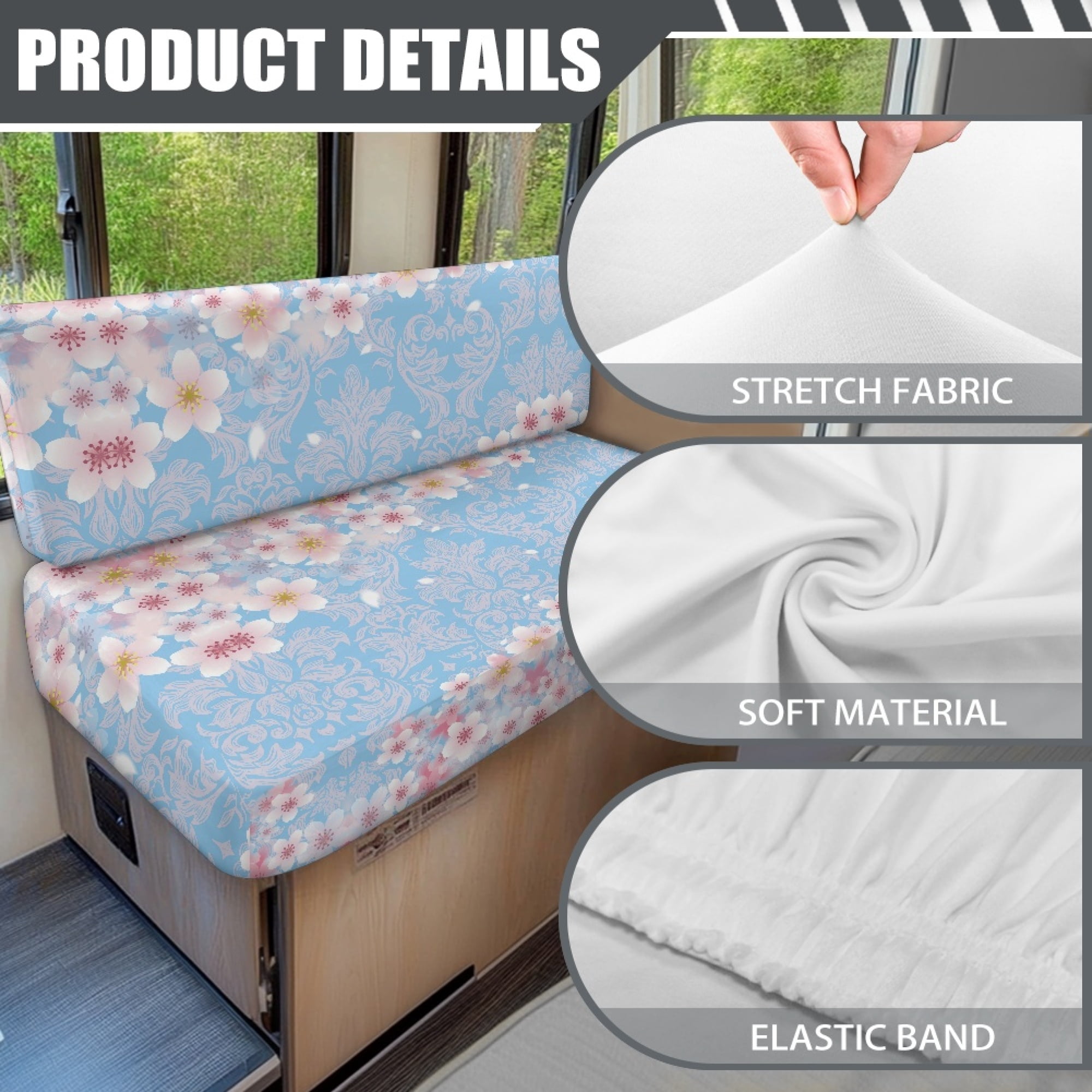 Yuyamidu Cherry Blossom RV Dinette Cushion Covers 2 PCS Stretch Camper Cushion Slipcover Include 1 Bench Cover 1 Backrest Cover Blue RV Accessories Decoration