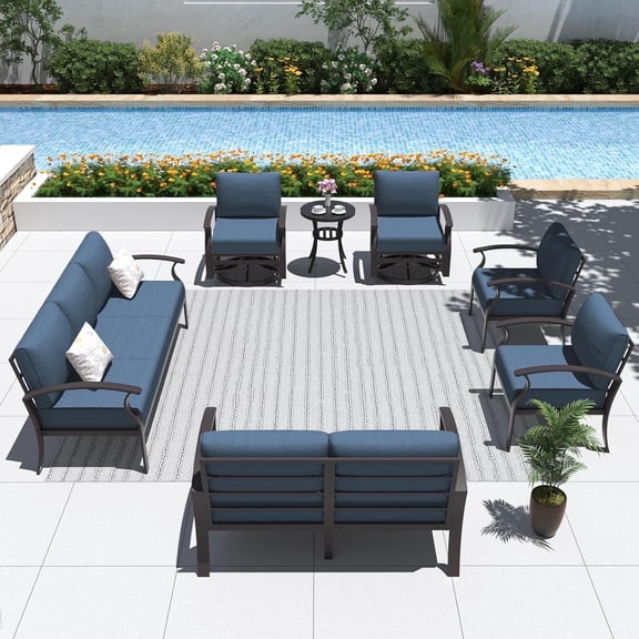 ALAULM Aluminum Patio Furniture Set with 2 Swivel Rocking Sofas 9-seat Metal Outdoor Furniture Patio Conversation Set w/5.1" Cushions for Patio, Backyard, Poolside-Navy Blue