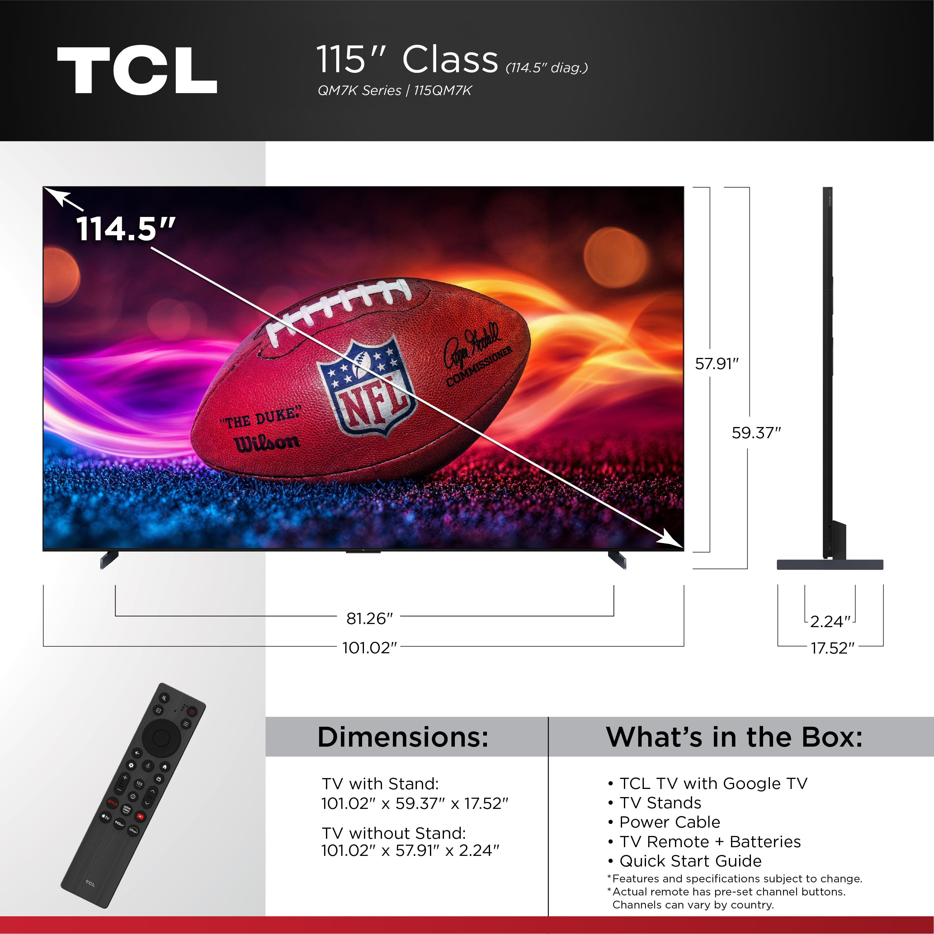 TCL 115" Q Series 4K UHD HDR QD-Mini LED Smart TV with Google TV – 115QM7K