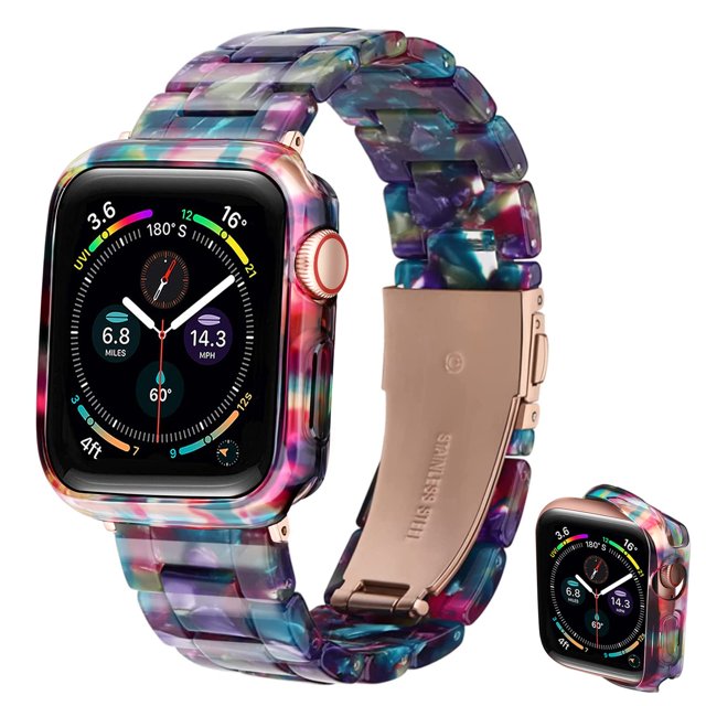 Omter Correa Con Estuche Compatible Con Apple Watch 41 Mm Mujeres Hombres Moda Pulsera De Resina Correa Pulsera Parachoques Para Iwatch Series 9/8/7 (Flor Azul 41 Mm)