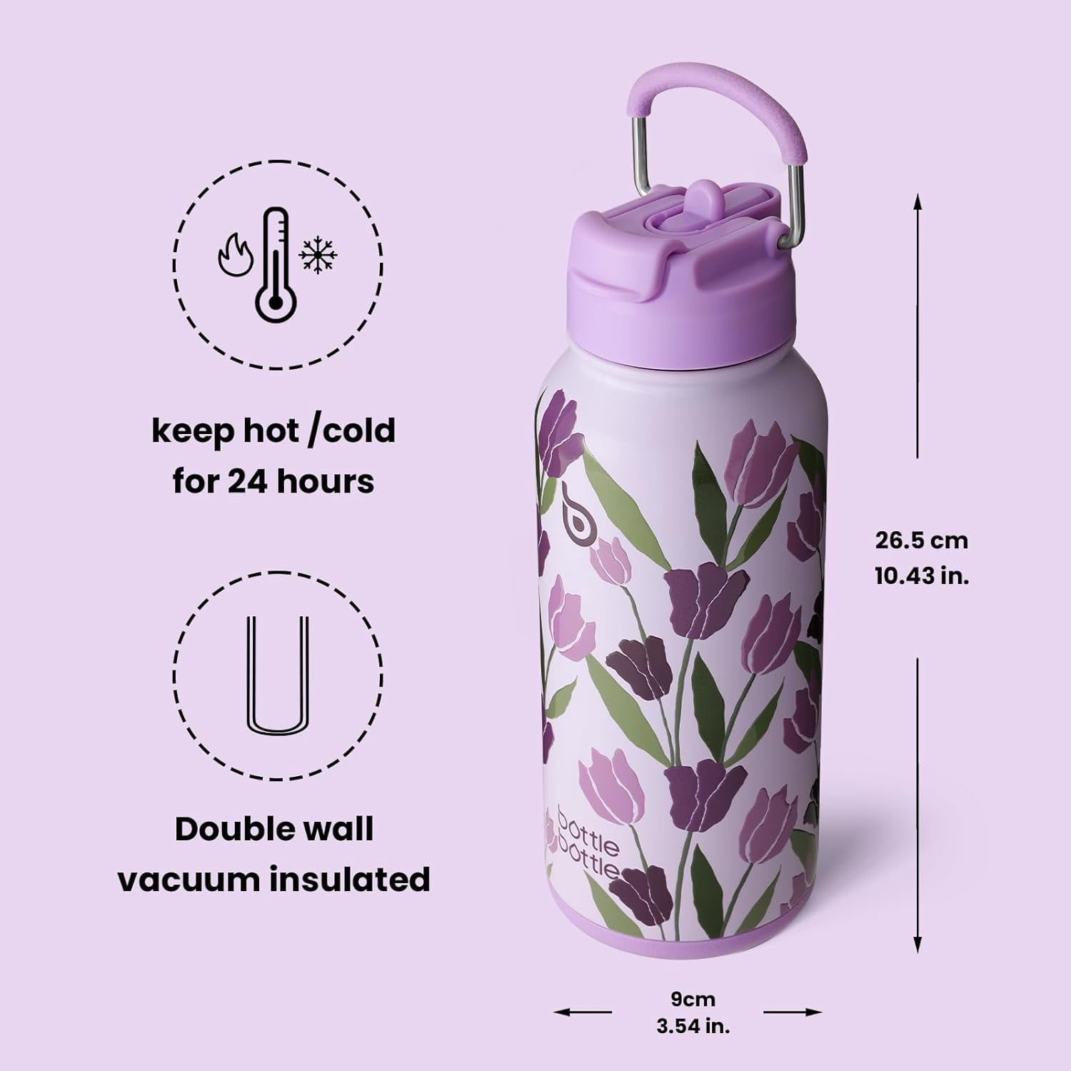 BOTTLE BOTTLE 32 oz Insulated Water Bottle Stainless Steel Sport Water Bottle with Straw Dual-use Lid Design for Gym with Pill Box (Purple Tulips)