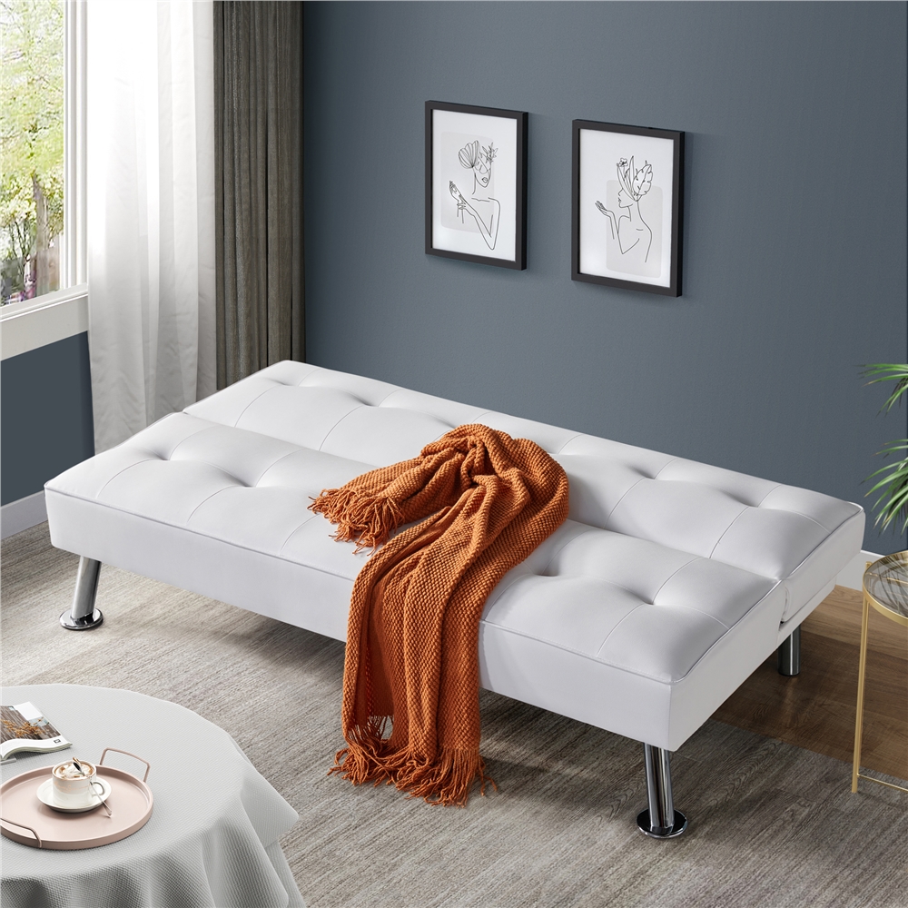 Easyfashion Convertible Faux Leather Futon Sofa Bed, White - image 4 of 10