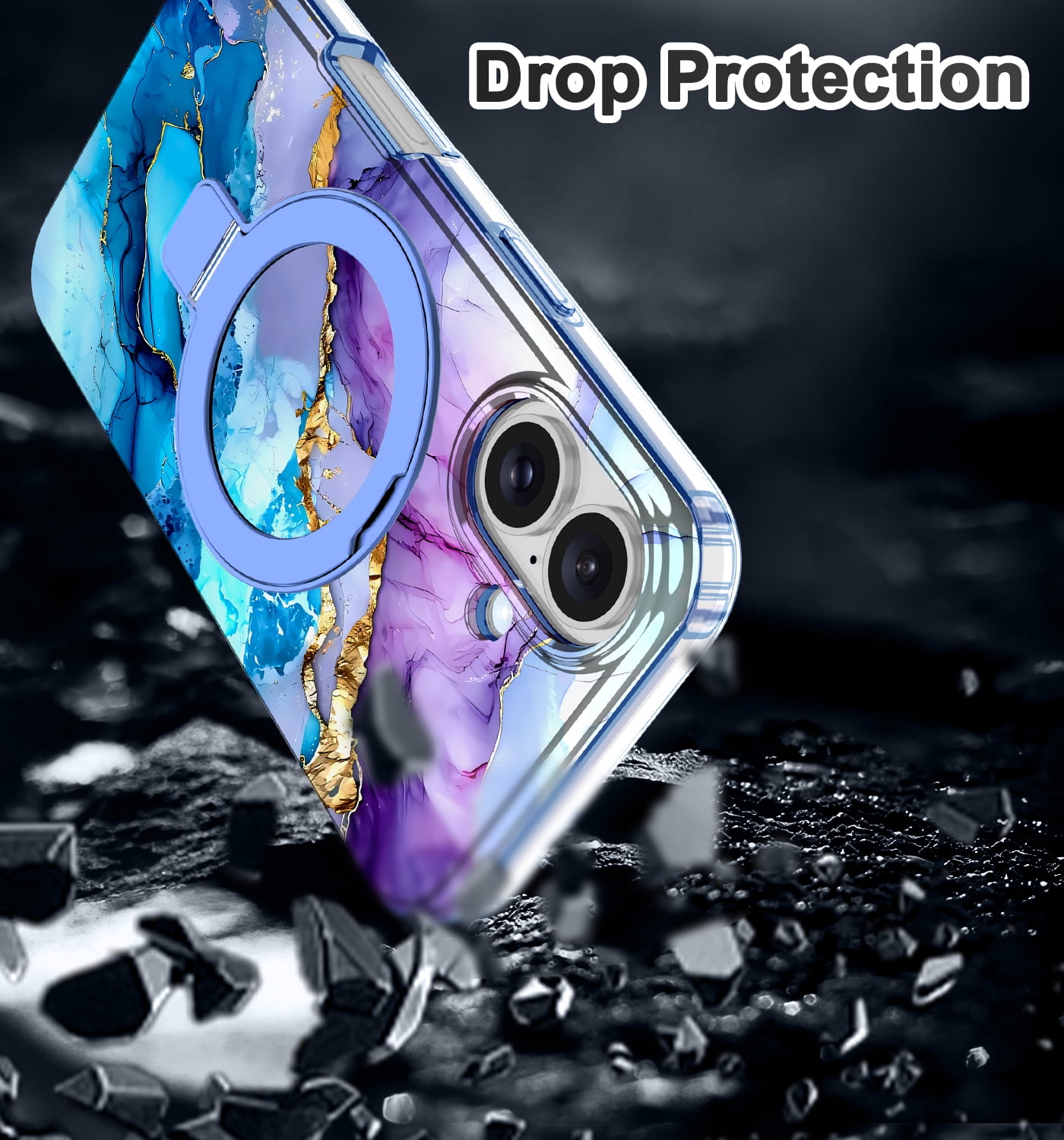CASEFIV for iPhone 16 Plus Case,with Magnetic Invisible Ring Stand [Compatible with MagSafe],Full Body Rugged Slim Women Men Girl Shockproof Marble Pattern Design Case,Blue