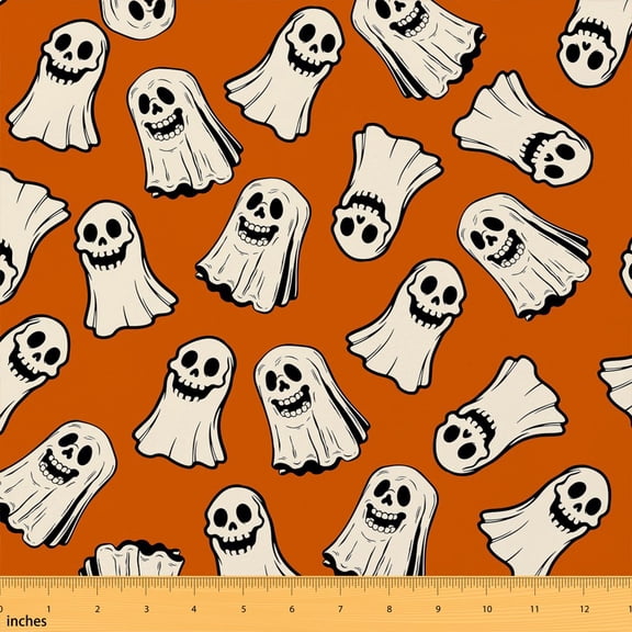 Manfei Halloween Haunted Fabric by the Yard 1 Yard, Skeleton Home Decor Fabric by the Yard, Orange