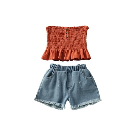 

Sunisery 2Pcs Toddler Baby Girls Solid Color Outfits Smocked Ruffled Tube Tops + Frayed Raw Hem Jeans Clothes Brick Red 4-5 Years
