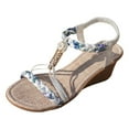 thumbnail image 2 of IUJSOY Wedge Sandals for Women Low Heel T-Strap Braided Beaded Elastic Ankle Strap Sandals, 2 of 9