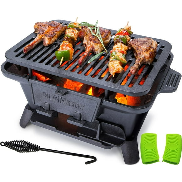 IronMaster Hibachi Grill Outdoor, Small Portable Charcoal Grill, 100% Pre-Seasoned Cast Iron, Japanese Yakitori Camping Grill - 2 Heights, Air Control, Coal Door