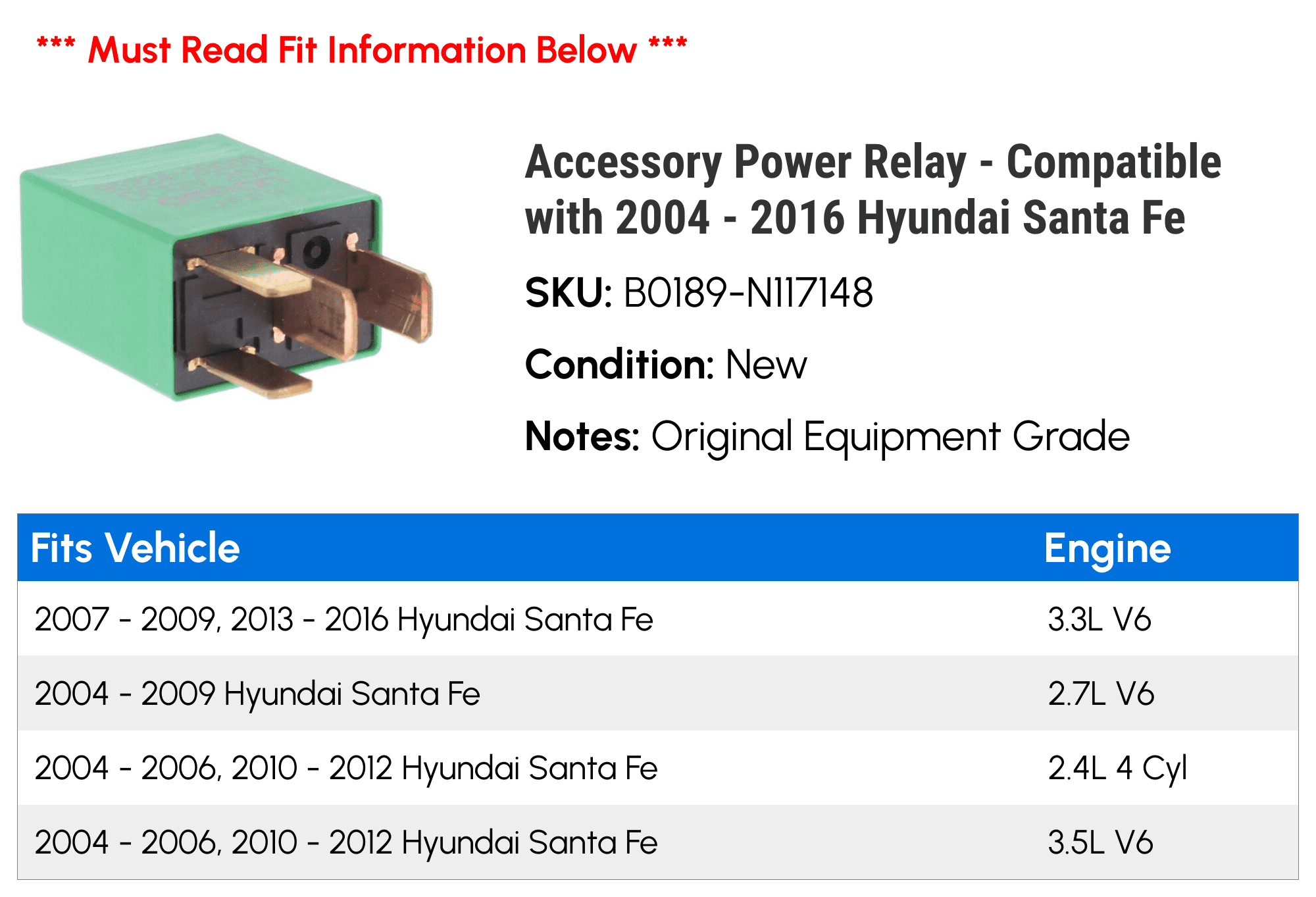 Accessory Power Relay - Compatible with 2004 - 2016 Hyundai Santa Fe 2005 2006 2007 2008 2009 2010 2011 2012 2013 2014 2015