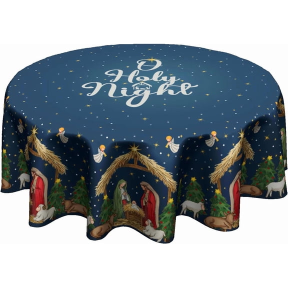 60inch Xmas Decorative Round Tablecloth Blue Holy Night Table Cloth for Kitchen Dining Washable Stain Resistant Polyester Table Cover for Holiday New Year Picnic Indoor Outdoor