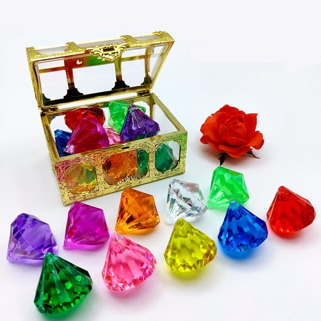 LYD Juguete de piscina con gemas de buceo, juego de 10 diamantes de colores grandes con caja de pirata del tesoro, juego de juguetes de buceo con gemas de natación de verano LYD Gema de buceo