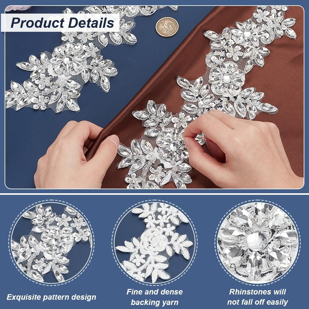 1 Pair Beaded Rhinestones Clothing Appliques Patch Sewing Beads Stones Trim lace Patches Handmade Silver Flower Rhinestones Beaded Patches for Wedding Dress Decoration Clothes Accessory White