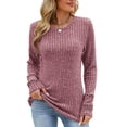 thumbnail image 3 of Fengqque Women Ribbed Knit Long Sleeve Top Crew Neck Slim Fit Stretch Casual Solid Color Waist Cinched Blouse Purple L, 3 of 8