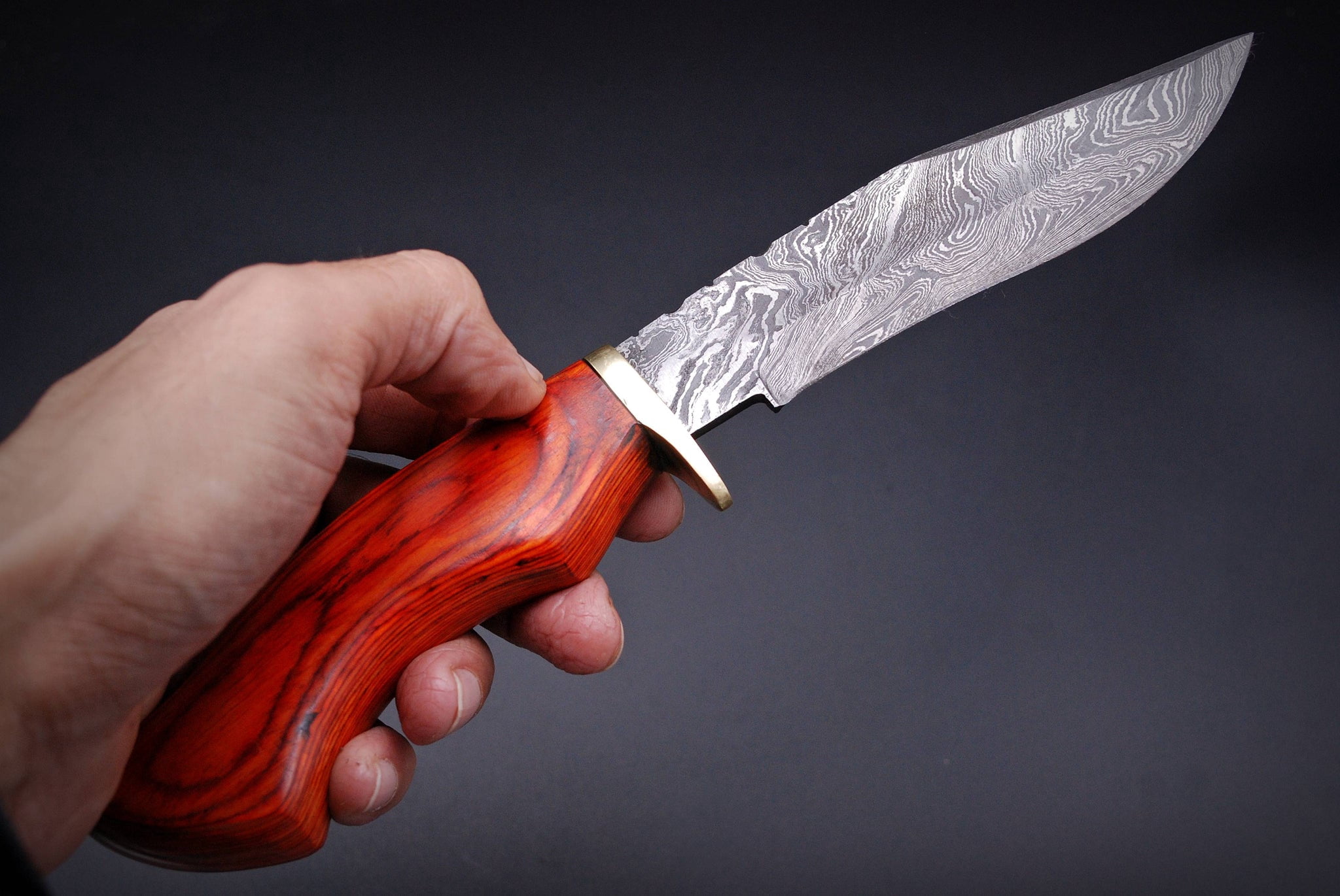 Custom Hand Made Forged Damascus Hunting Knife Pure Leather Sheath & Brass Guard with Stained Wood Handle