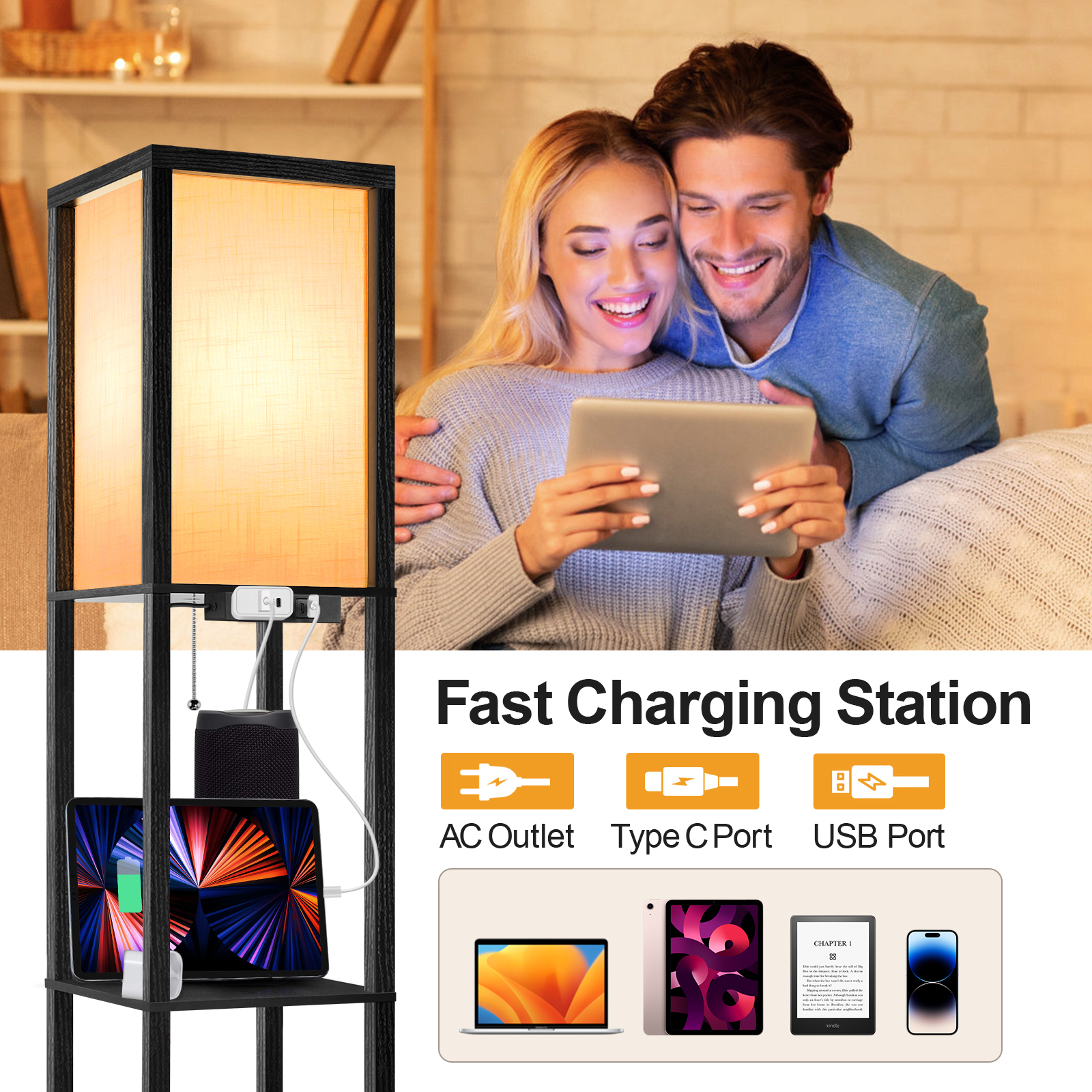 Outon 63.7" Floor Lamp with 4-Tier Shelves and USB Charging photo 5