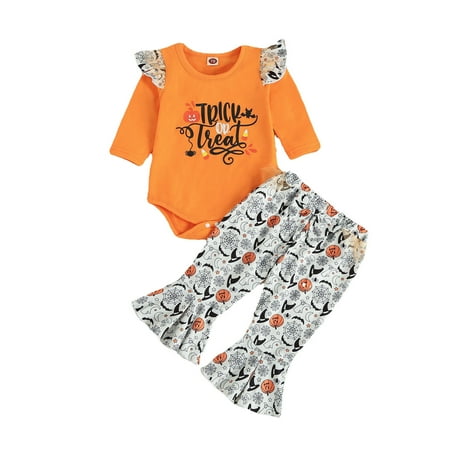 

Toddler Kids Boys Girls Outfit Pumpkin Letters Prints Long Sleeves Romper Bell Bottom Pants 3pcs Set Outfits
