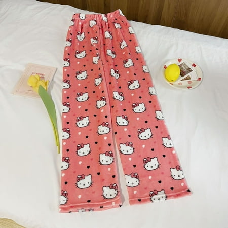 

2023 Sanrio Hello Kitty Pajamas Halloween Flannel Fashion Trouserswomen Kawaii Woolen Anime Cartoon Casual Home Pant AutumnGift