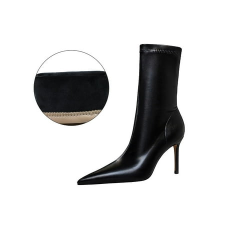 

SIMANLAN Women Casual Mid Calf Boots Breathable Stiletto Heel High Heels Work Anti-Slip Winter Warm Black Plush Lined 8