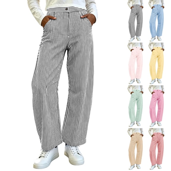 Hfnxid Barrel Pants for Women Baggy Striped Wide Leg Pant High Waisted Leisure Trousers Casual Activewear Pants Yellow S